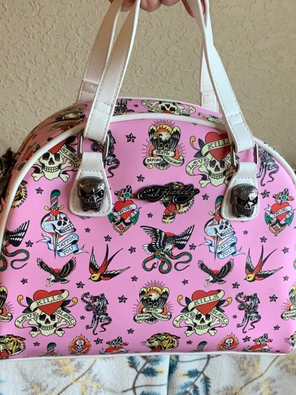 NWT Ed Hardy Pink Tattoo Flash Dome Satchel Crossbody Handbag Y2K